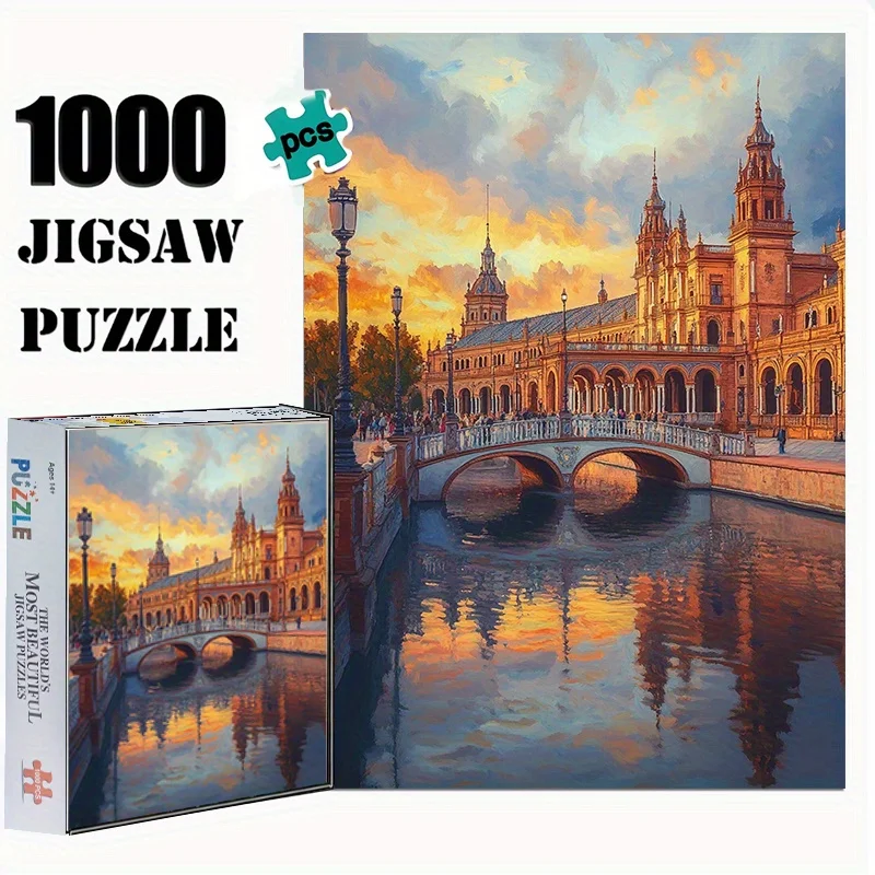 1000 Stück DIY-Puzzle für Erwachsene, langlebig, nahtlosDer berühmte Sevilles Plazde Espain (380) 50 x 70 cm 19,7 x 27,6 Zoll, hergestellt aus hochwertigem Pa