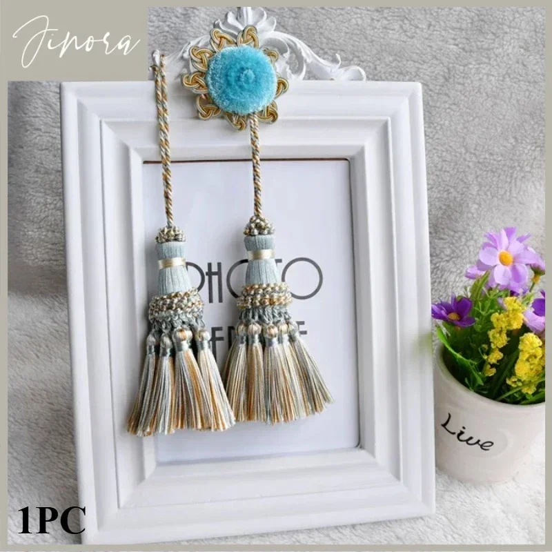 Luxury Lace Curtains Tulle Small Spangles Tassels Plait Accessories Flower Decorations Light Blue Grace Classic Tieback 1Pcs