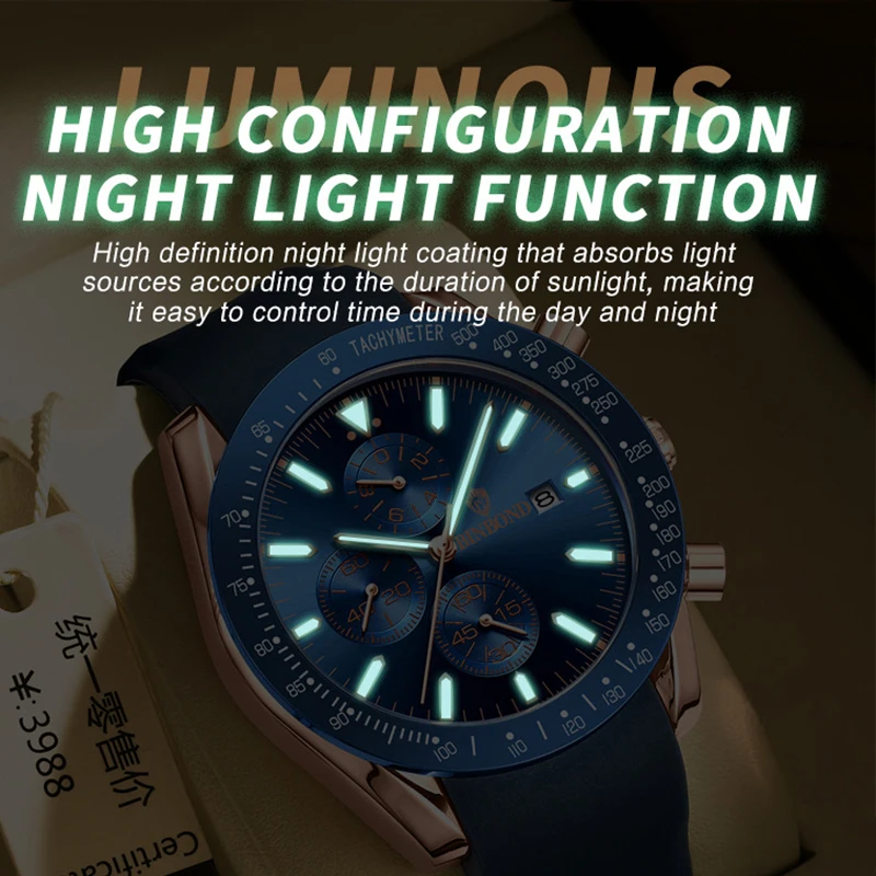 BINBONG Original Quartz Watch for Men Chronograph Calendar Silicone Strap Wristwatch Business Mens Waterproof Sport Watch B9388