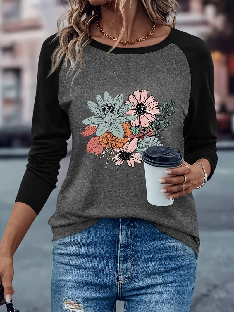 Harajuku Retro Blumenmuster Lässiges Langarm-T-Shirt Winter Herbst Grafisches Weiches Langarm-T-Shirt für Damen – Detail 4