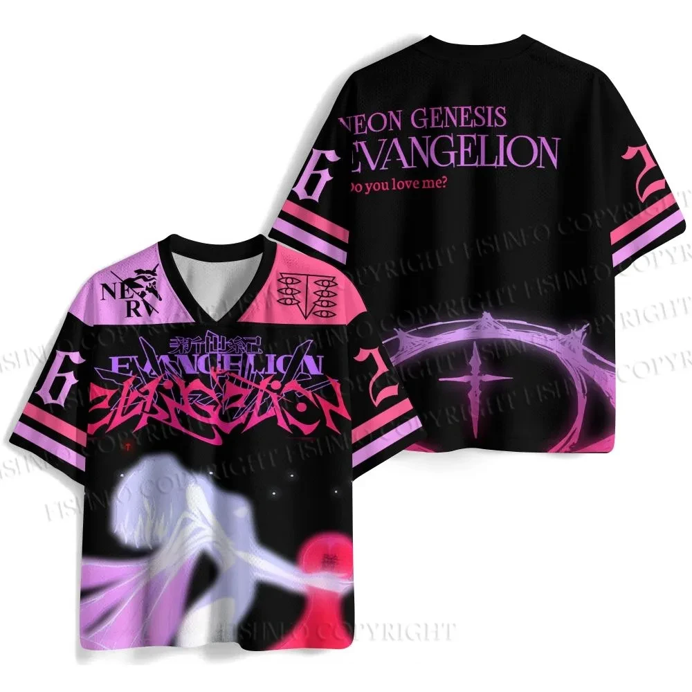 Anime Neon Genesis Evangelion Rei Ayanami Print Mesh Jersey T-shirt Men Oversized Streetwear V-Neck Casual Short Sleeve Tops
