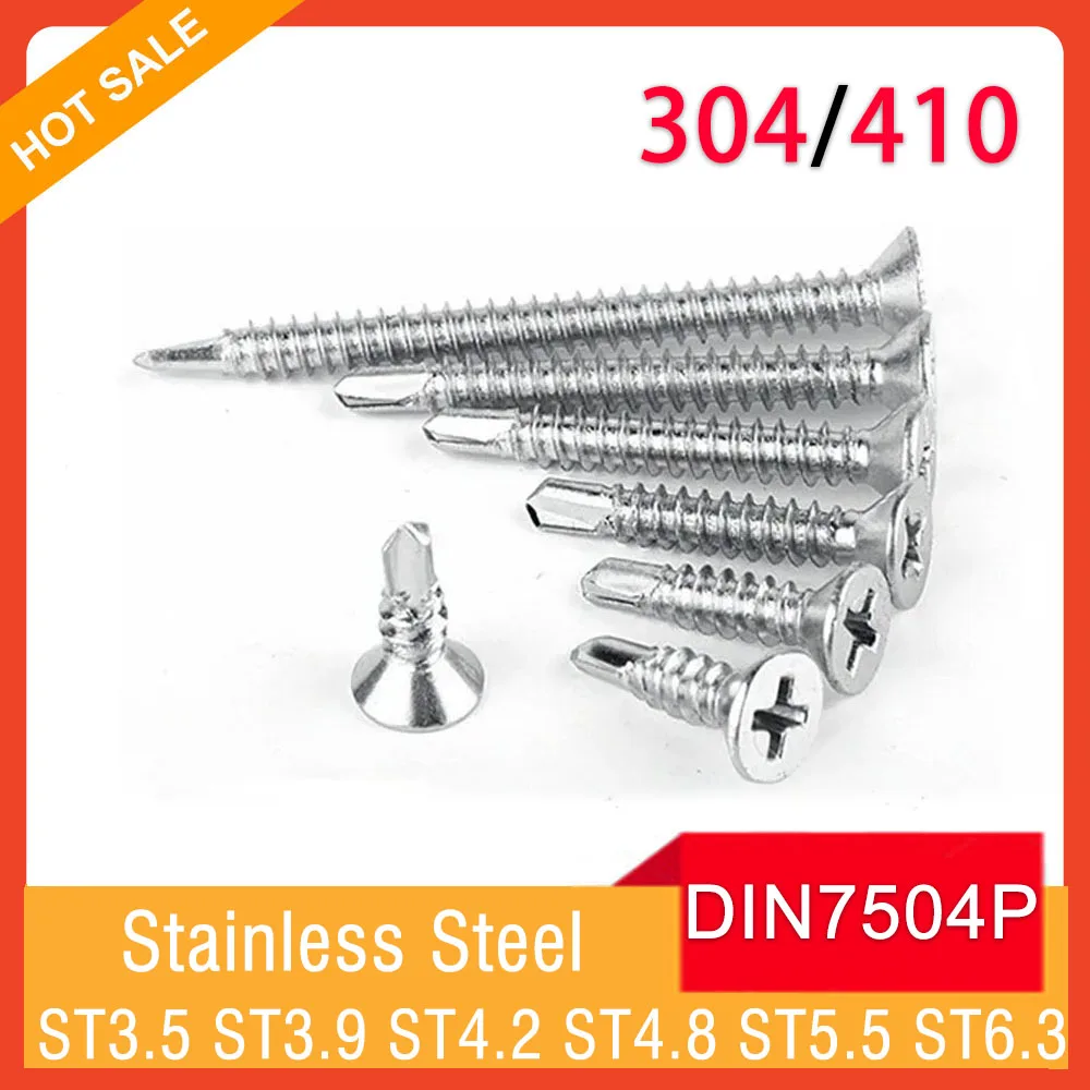 M3.5 M3.9 M4.2M4.8 M5.5 M6.3 304/410 Stainless Steel Self Tapping Screw Flat Head Phillips Self Drilling Screw DIN7504P