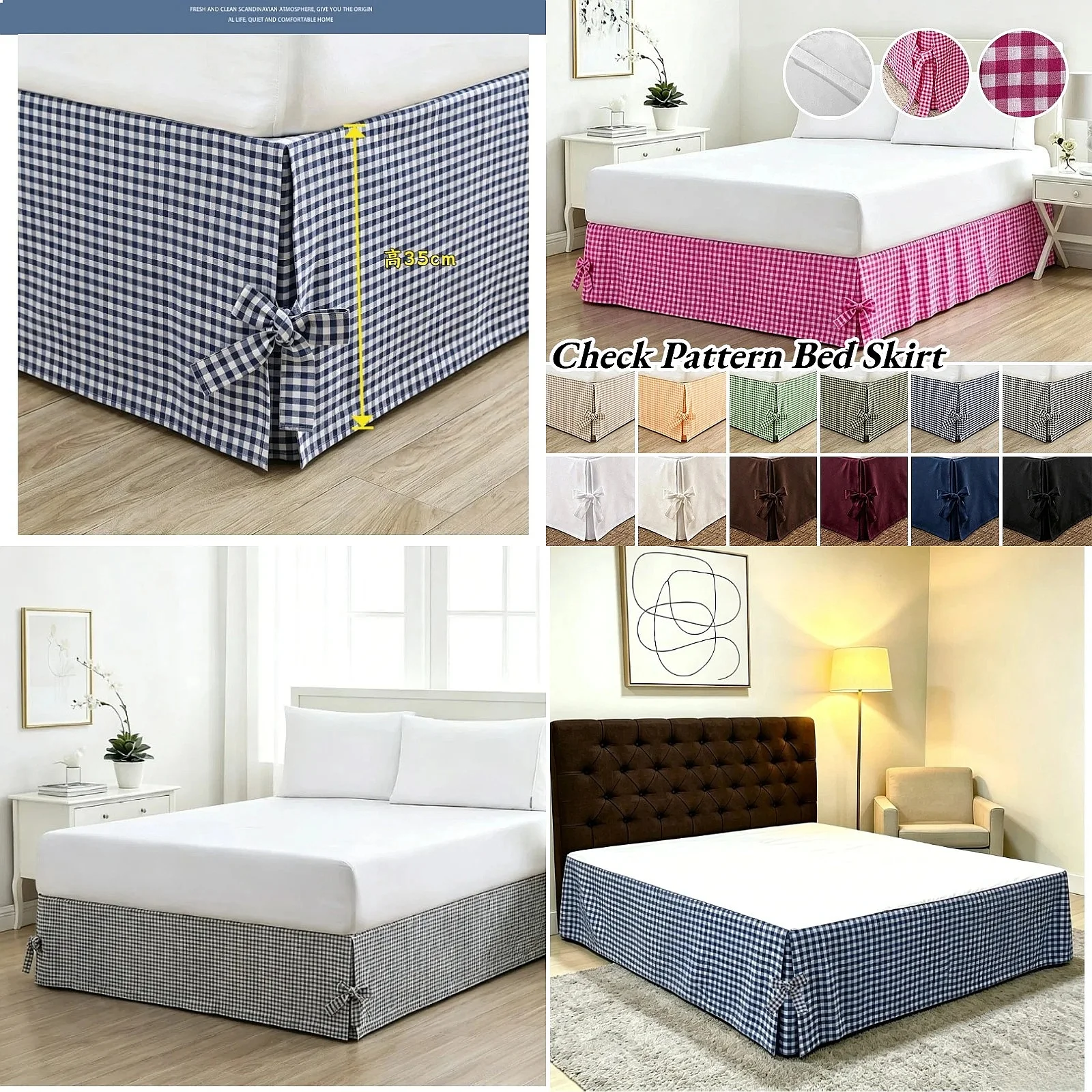 Japanese Printed Bed Skirt Elastic Pinch Pleat 35cm Drop Premium Wrap Around Sheet Bowknot Bandage