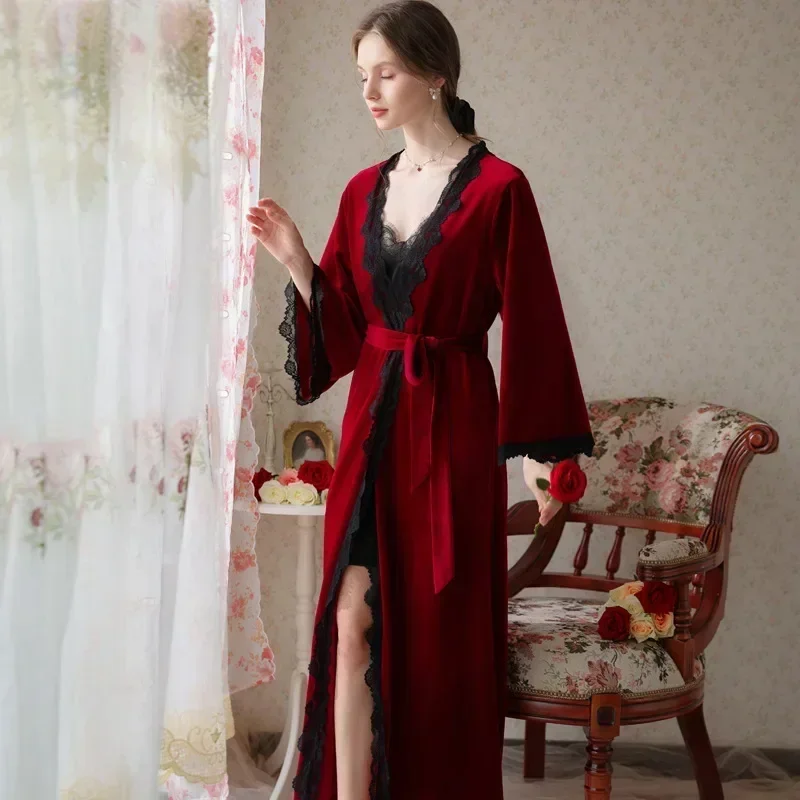 Romantic Velvet Robes Women Two Piece Nightdress Autumn Winter Sleepwear Peignoirs Nightwear Fairy Night Dress and Robe Sets