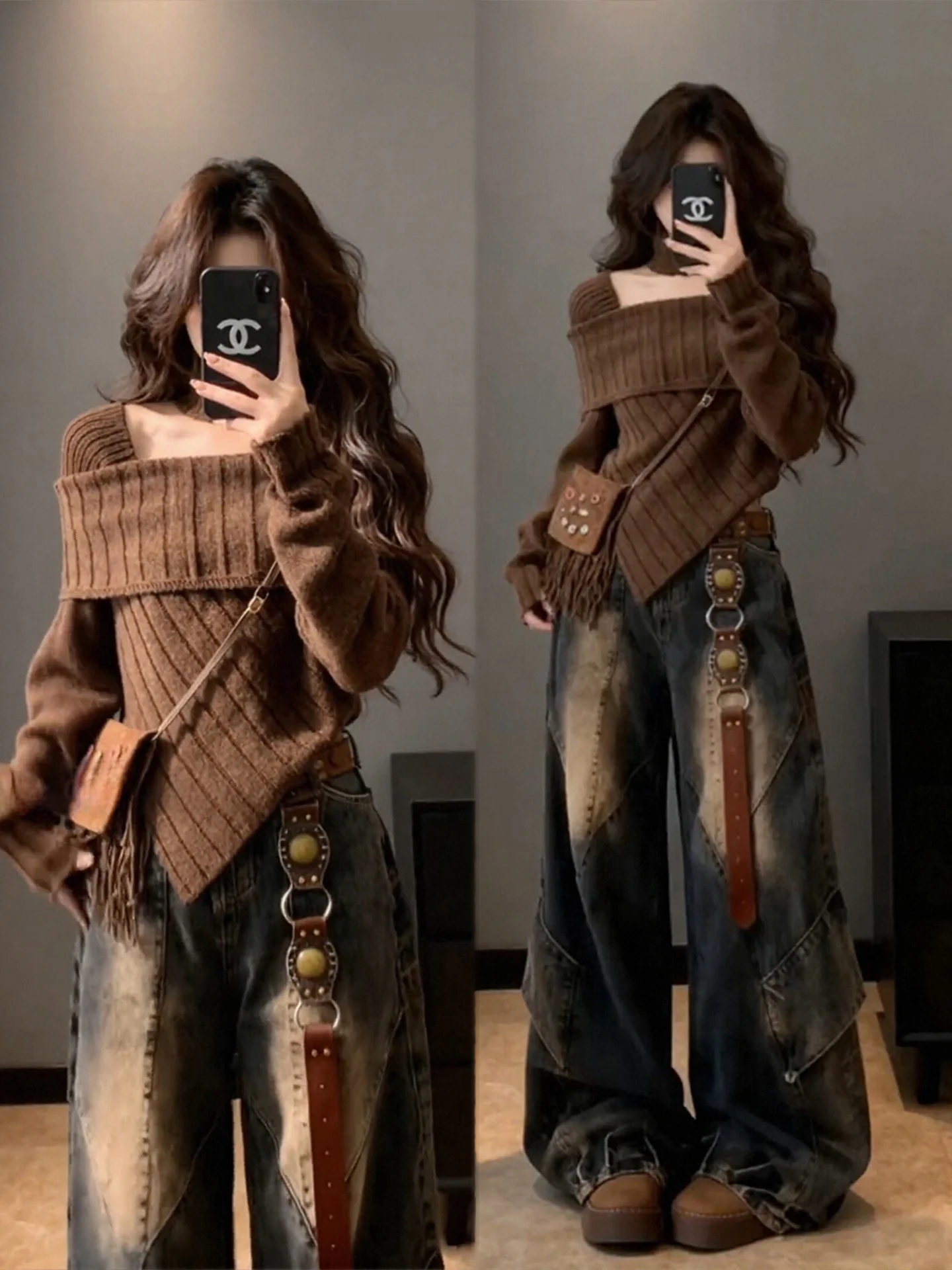 

plus Size Winter Knit Sweater And Wide Leg Jeans Women's Retro Sle Faion Set High Waist Trousers Comfortable Loose Fit Cl...