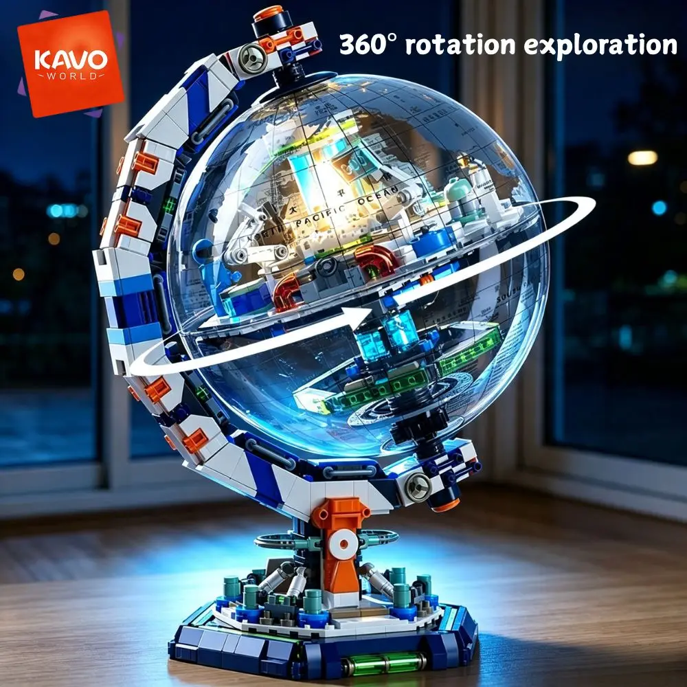 KAVOWORLD 1793pcs Space Station Building Blocks Set LED Light Up Earth Globe Model 3D Aerospace Construction Kit STEM Puzzle Toy Collectible Display Globe Educational Assembly Model 360° Rotatable Transparent Sphere Real World Map Christmas Halloween Gift