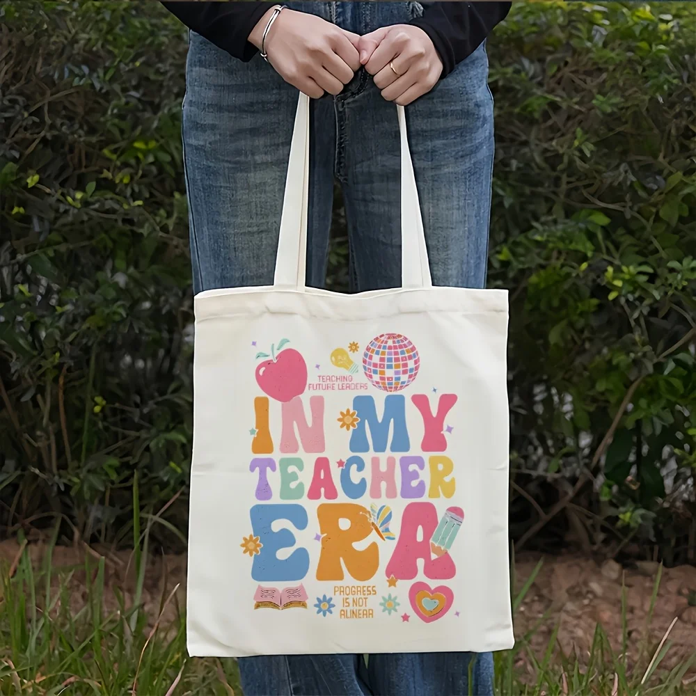 Women's Canvas Tote Bag - 'my Teacher Era' Design Colorful Illustrations Large Capacity Shopping and Daily Use Shoulder Bag