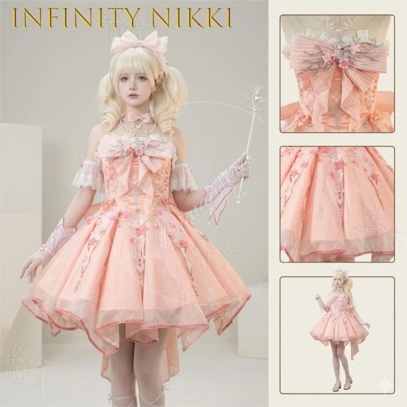 Infinity Nikki Pink Ribbon Waltz Full Set Sweet Style Cosplay Costume Two Dimensional Game Outfit Carnival Party Cos Lolita Wig