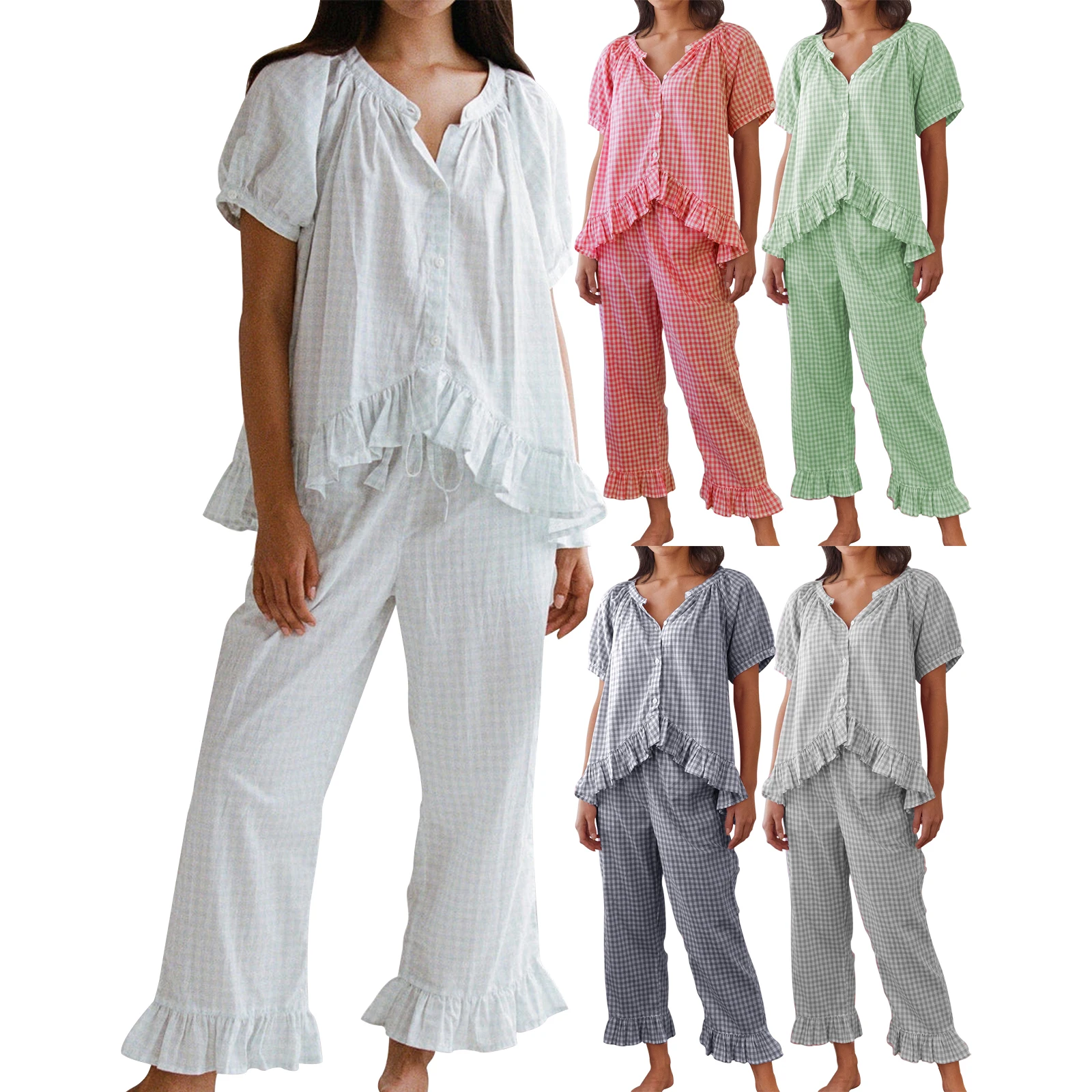 Tenues 2 pièces Loungeqwar pour femmes, ensemble à carreaux, manches courtes bouffantes, ourlet à volants irrégulier, Y-+ proximité wstring, taille évasée, pantalon long