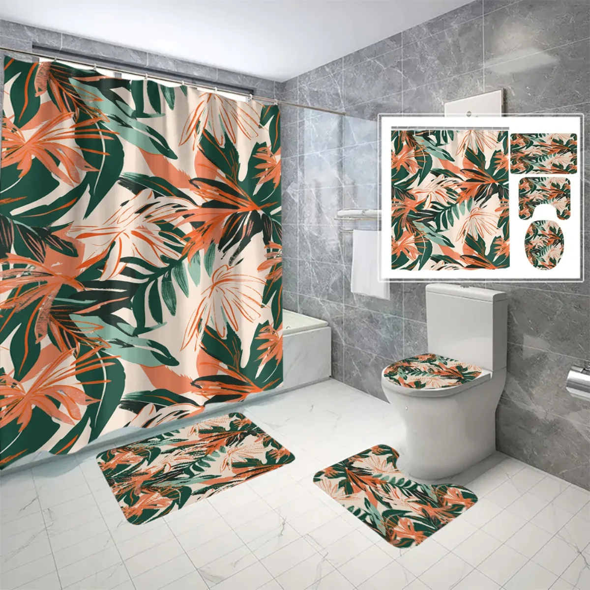 

4pc Tropical leaf pattern bathroom set, shower curtain with hooks, non-slip mat, toilet seat cover, non-slip mat