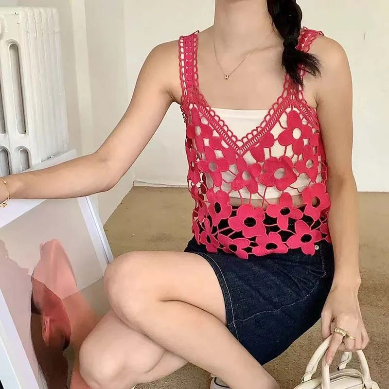 Boring Honey Summer New Fashion Loose Hollow Out Crop Vest Women Summer Spaghetti Strap Top Vintage Lace All-Match Thin Blouse