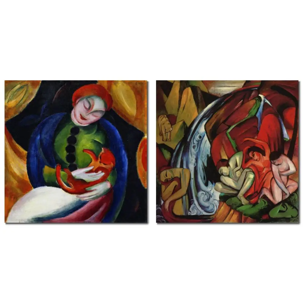 Handmade Painting in Oils Girl Cat Franz Marc Artwork Canvas Masterpiece Figure Picture Reproduction for Library Wall Decor