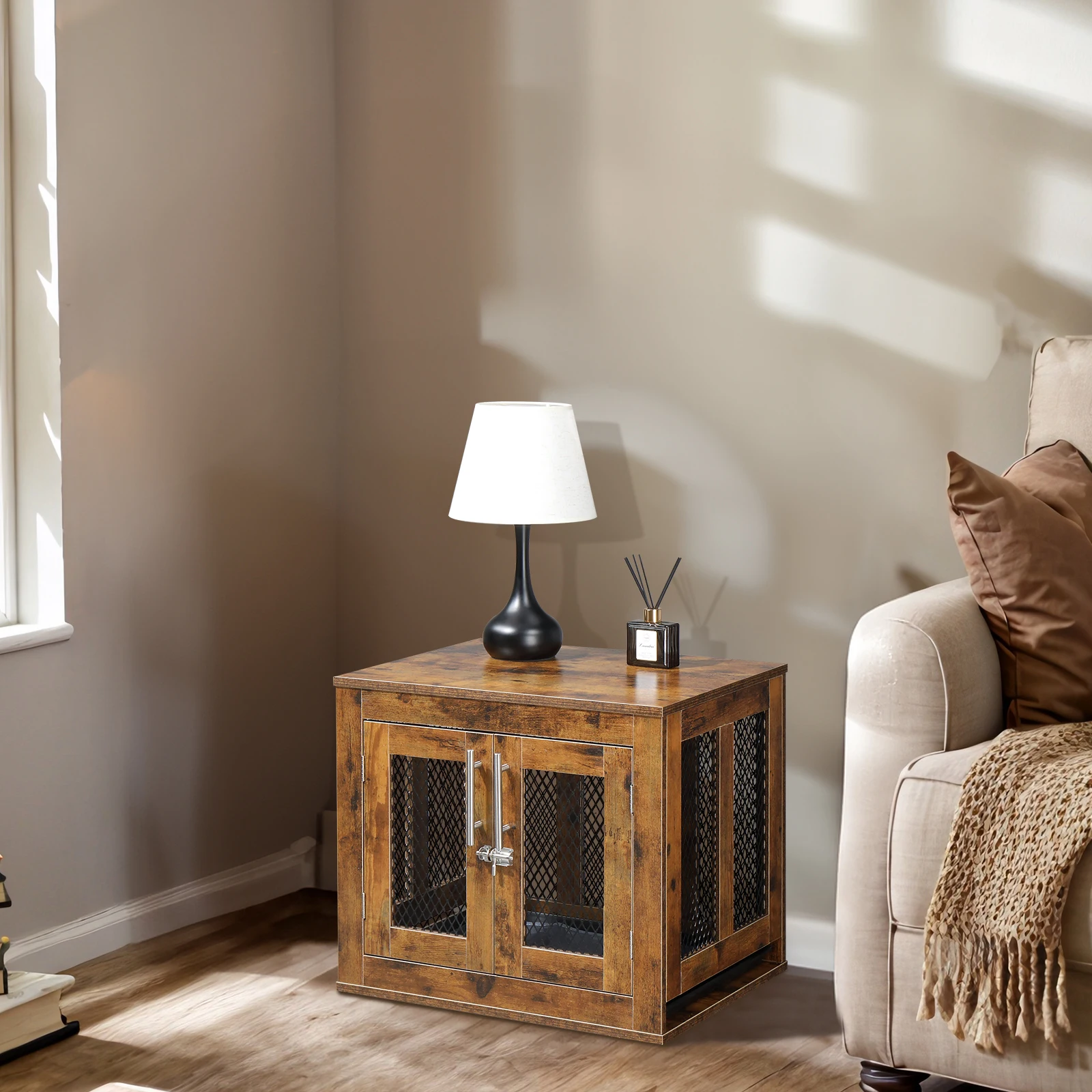 

"Rustic Brown Dog Crate w/Tray, Modern Puppy Kennel. Doubles as End Table, Nightstand. Decorative & Practical.