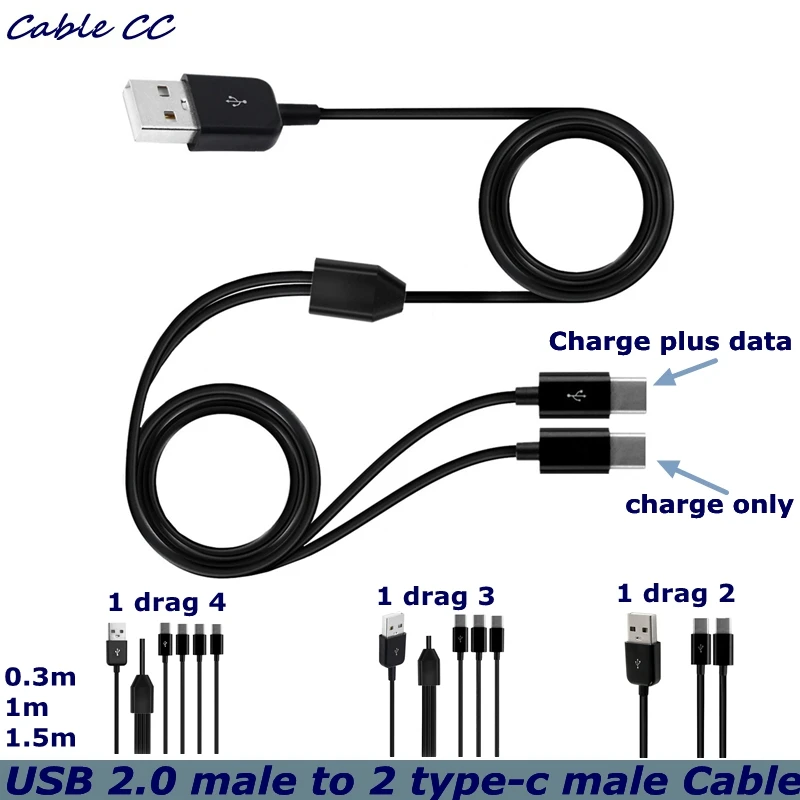 

New 1.5m Portable USB 2.0 Type A Male To 4/3/2Type-c USB 3.1 Male Splitter Y Charging Cable For mobile Phone Mobile Laptop Bank