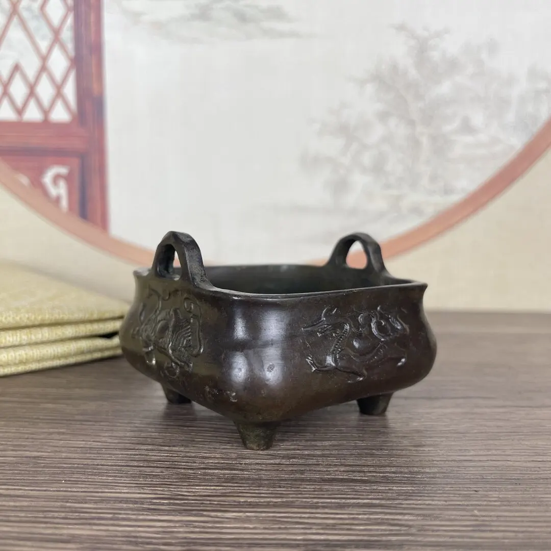 Ming Xuande Style Four Beast Alloy Incense Burner Double Ear Censer Antique Decor