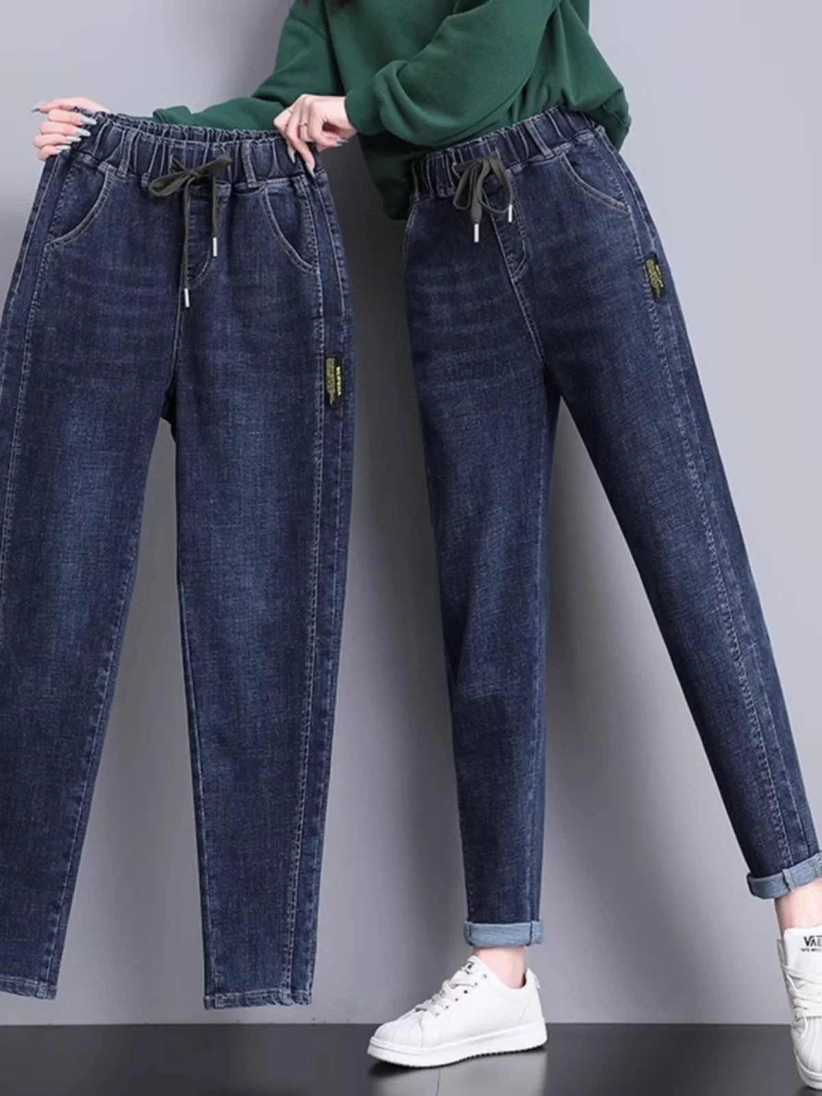 High Waist Fleece Lined Harem Jeans Women Winter New Loose Carrot Large Size Elastic Dad Fat MM Pants Autumn Deep Color