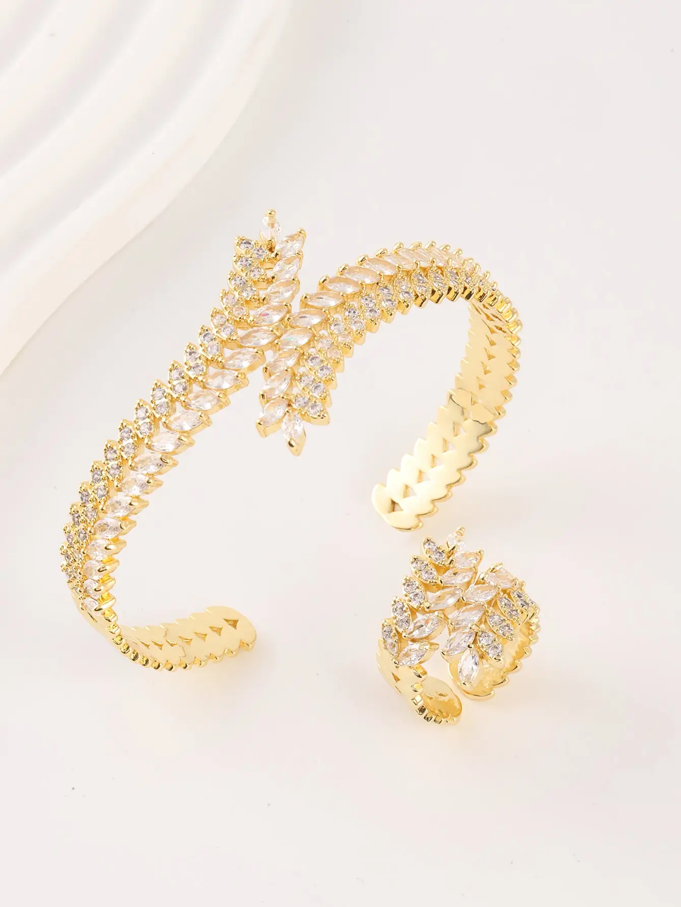 1 piece set European and American fashion copper design sense opening adjustable micro inlaid wheat ear bracelet ring set