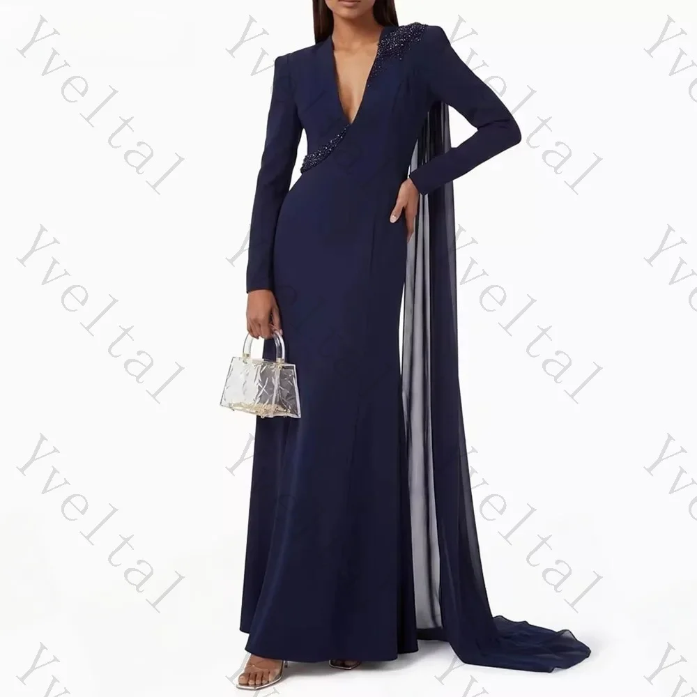 Customized Women's Luxe V‑Neck Beaded Evening Dress Full Sleeve Fitted Floor Length Formal Wedding Cocktail Party Guest Gown