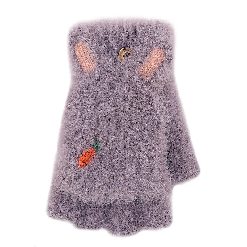 Guanti invernali Flip Guanti senza dita convertibili con ricamo a carota Foderati in pile Termico Simpatico cartone animato Essenziale a prova di freddo