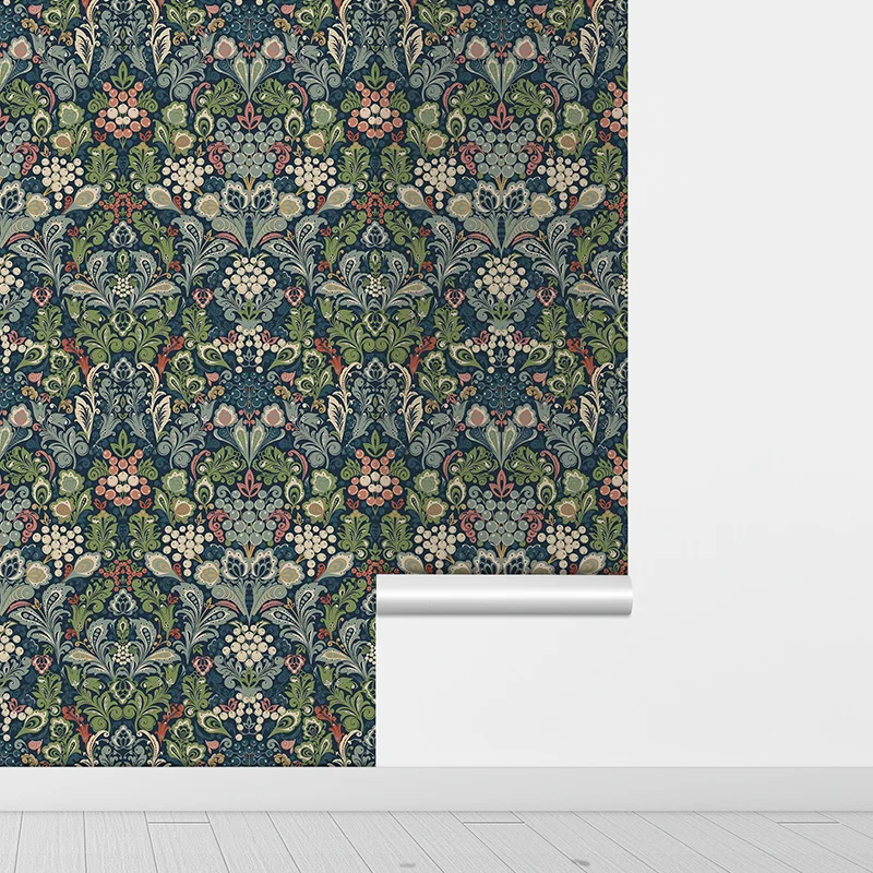 Boho Dark Blue Floral Wallpaper Waterproof PVC Peel And Stick Cabinet Sticker Bathroom Kitchen Furniture Wall Renovation Decor