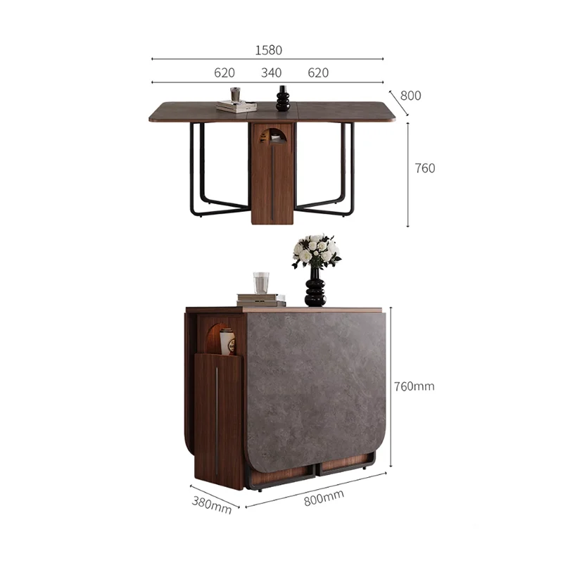 Mesas de Comedor Multifuncionales Oscuras con Sillas Largas para 12 Personas, Mesas de Comedor Plegables, Muebles de Comedor Estilo Wabi Sabi