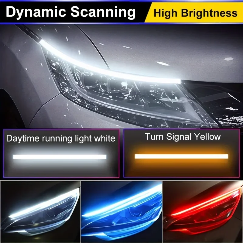 2Pcs Car Daytime Running Light Flexible Waterproof DRL Strip Sequential YellowTurn Signal Brake Flow Lights 12V Auto Accessories