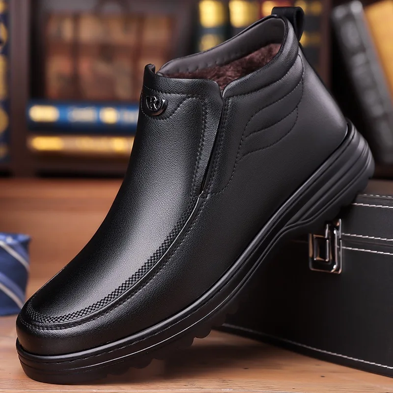 

Luxury Men Boots Fashion High Top Casual Leather Boot Black Business Platform Boots for Men Winter Plush Warm Cotton Shoes Botas