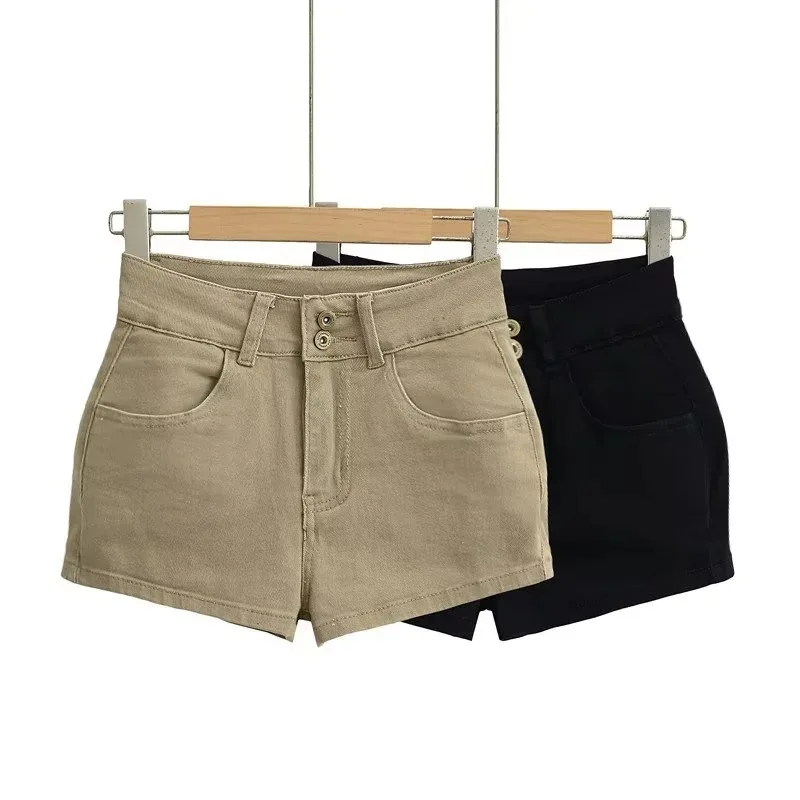 American High-waisted Shorts Women 2025 Summer Retro Sexy Khaki Denim Hot Pants