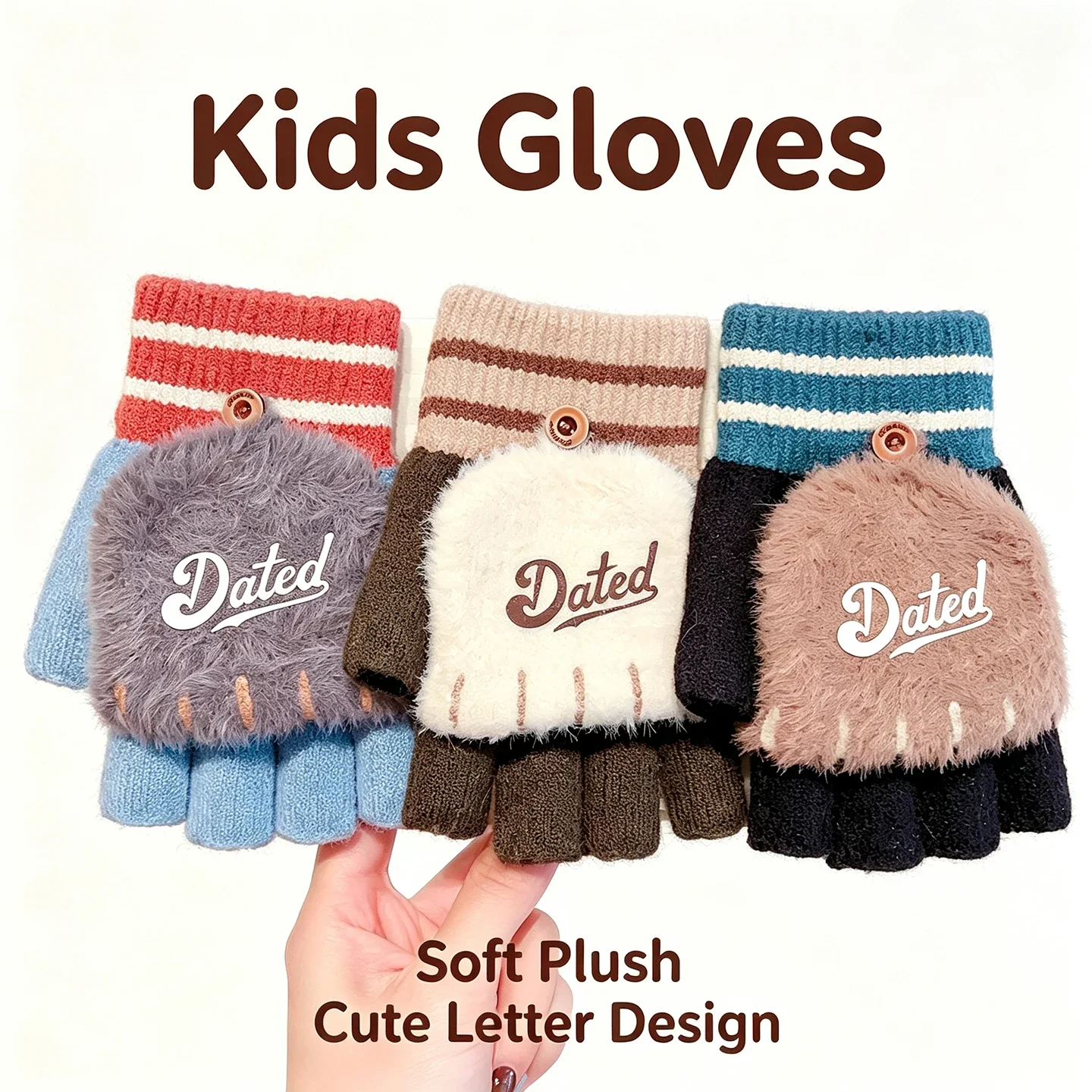 Kids 2 in 1 Convertible Flip Gloves Toddler Half Finger Knit Fleece Mittens Striped Cuff Kids Fingerless Glove For Boys Girls