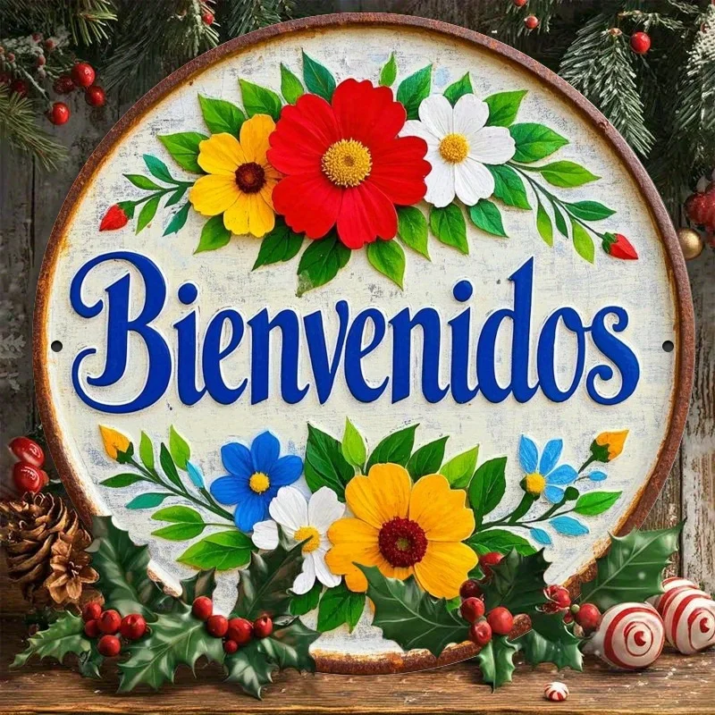 1 Stück, rundes Eisen-Metallschild „Spanish Flower Welcome“, klassischer Stil, 7,8 x 7,8 Zoll, 2D-HD-Druck, Vintage-Eisenwandkunst, geeignet für h