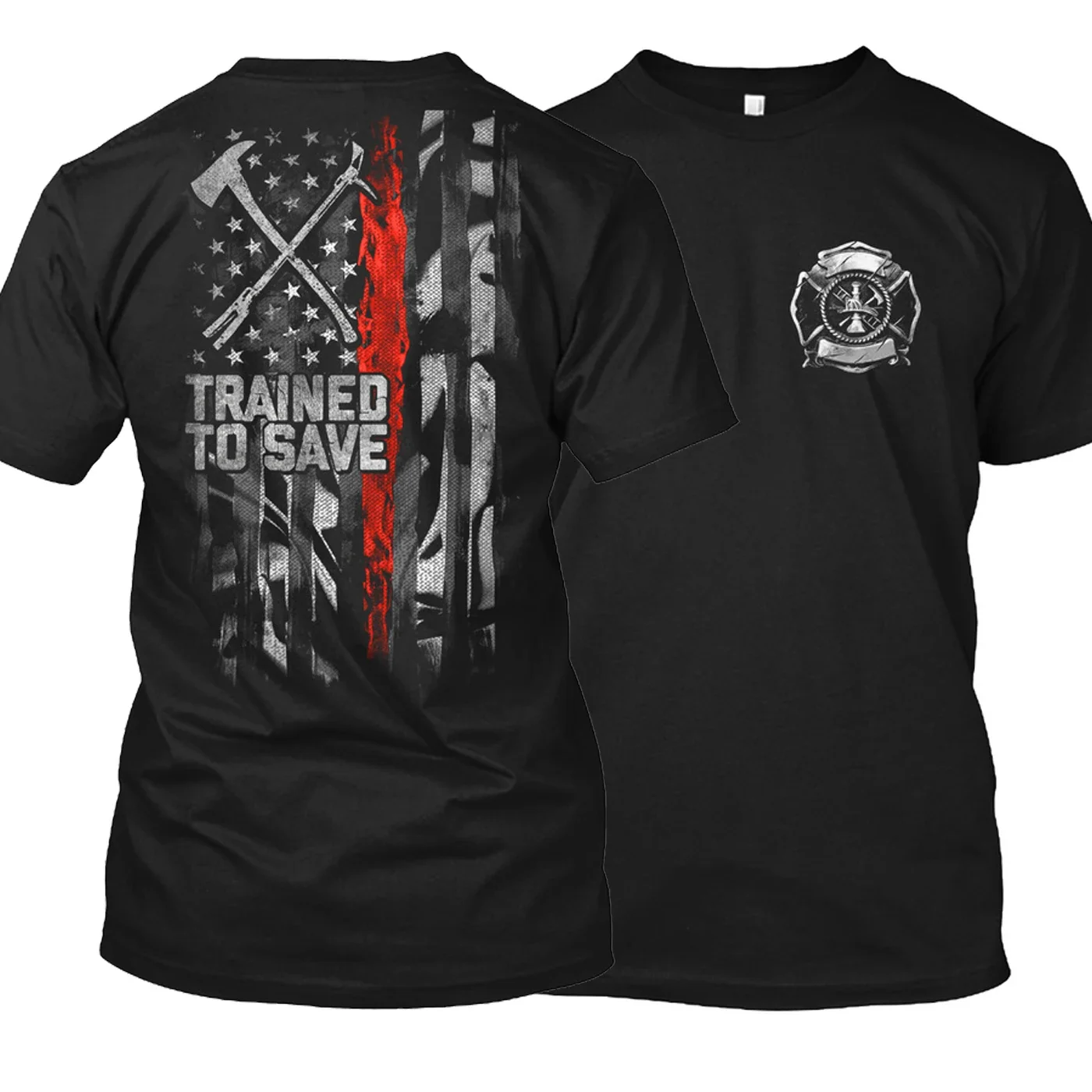 Firefighters: Trained To Save- American Flag Fireman Gift T-Shirt 100% Cotton O-Neck Short Sleeve Casual Mens T-shirt Size S-3XL