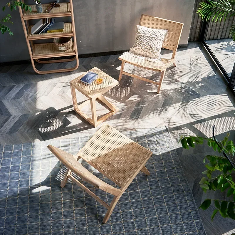 Rattan sofa ch air Nordic solid wood rattan chair three-piece leisure back cha ir B & B home living room single recliner