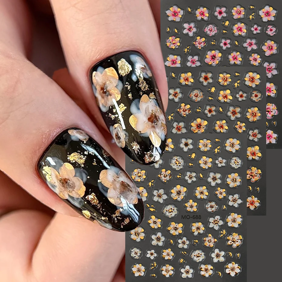 3D bräunende Blumen Nagelaufkleber glänzende goldene rosa Blütenblätter Blätter selbstklebende Abziehbilder für Nägel elegantes Blumen-Design Nagelanhänger