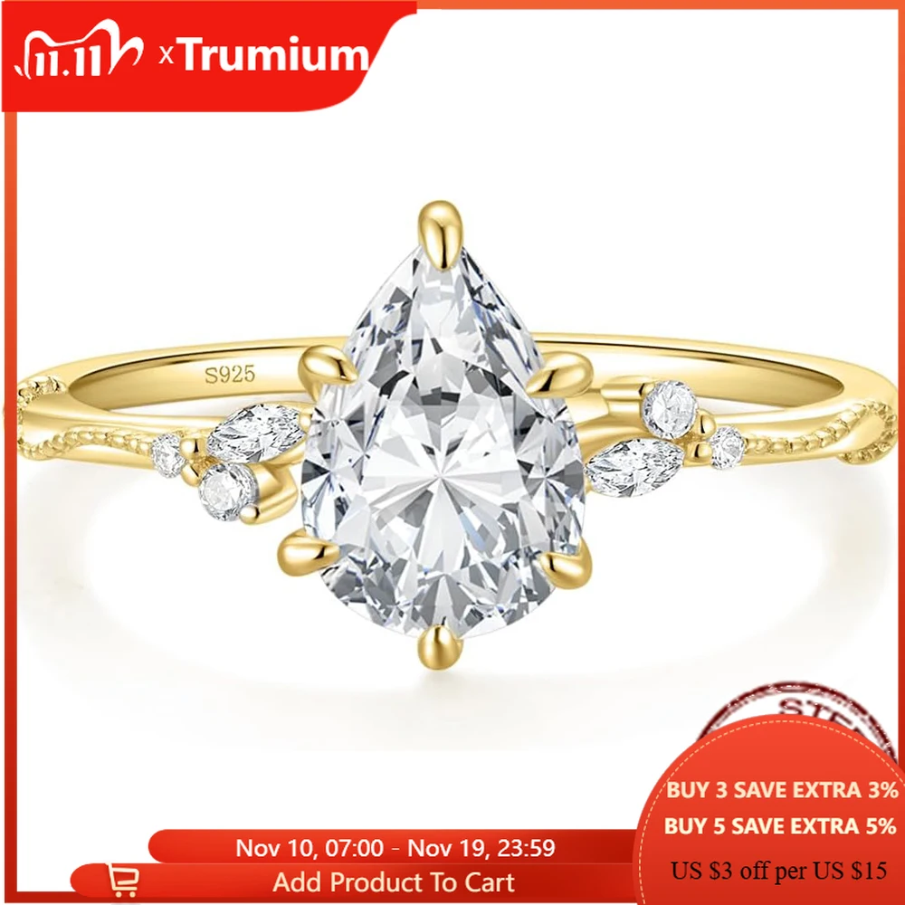 

Trumium 2CT s925 стерлингового серебра обручальные кольца грушевидной огранки для женщин свадебное кольцо-капля Halo с кубическим цирконием свадебное кольцо обещание