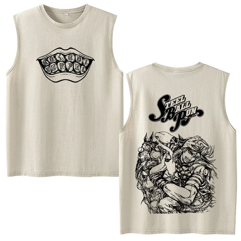 Anime JoJo Bizarre Adventure Kujo Jotaro Vintage Washed Tank Tops Men Women Clothing Cotton Sleeveless Vest T-shirts Streetwear view 4