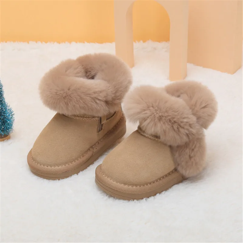 Botas de invierno para bebé, botas de cuero cálidas de felpa para niña, suela suave con cremallera lateral, botas de nieve para niños pequeños de 15