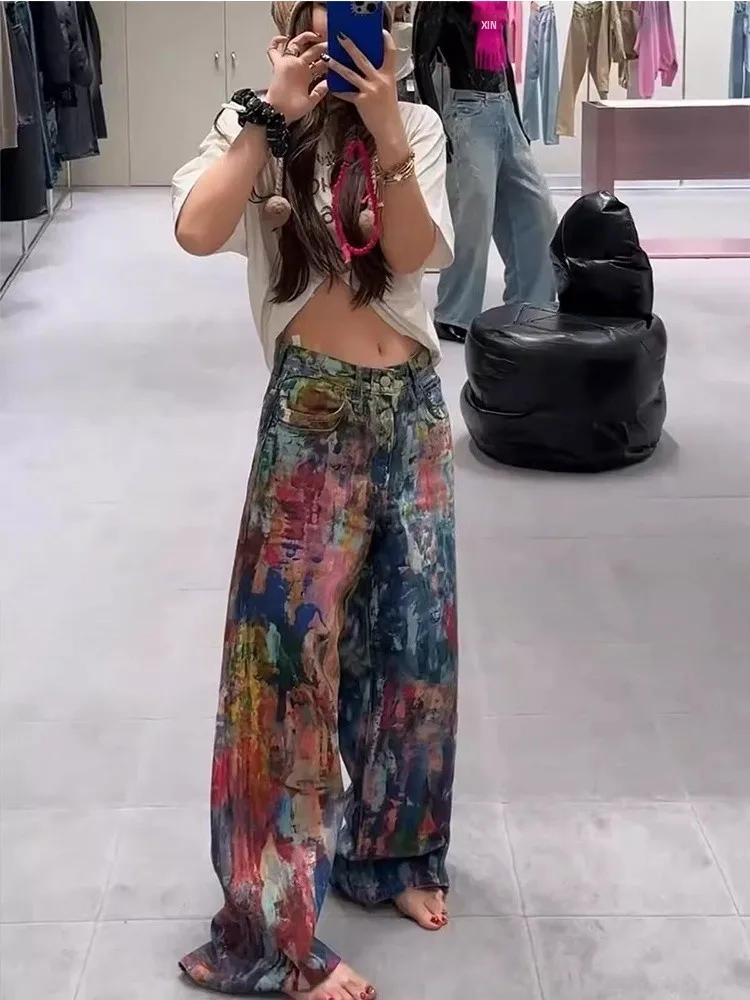 

Men's And Women's Loose Straight Leg Long Pants Oil Painting Dyeing Denim Jeans Floor-Length Trousers Casual High Waist