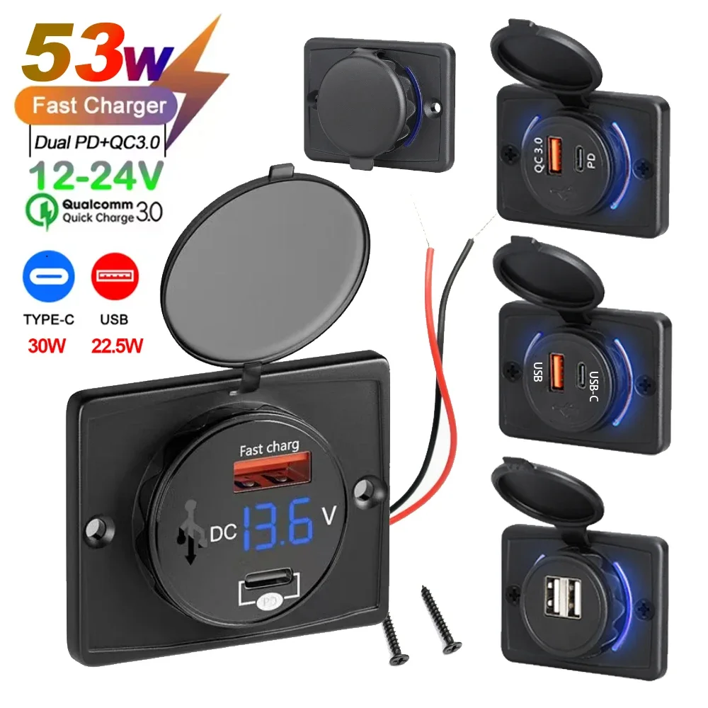 12V/24V Car Modified Usb Charger QC3.0 PD Fast Charger with Cover Waterproof LED Light or Cars Boats Buses and RVS