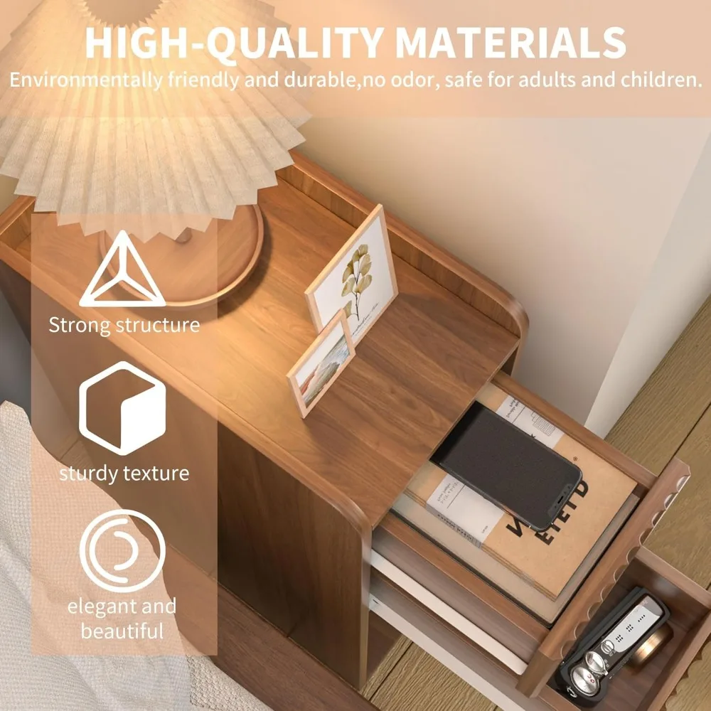 مجموعة منضدة ضيقة مخددة مكونة من 2، منضدة خشبية صغيرة ذات درجين، طاولة جانبية رفيعة، طاولة بجانب السرير عتيقة، مود منتصف القرن #6