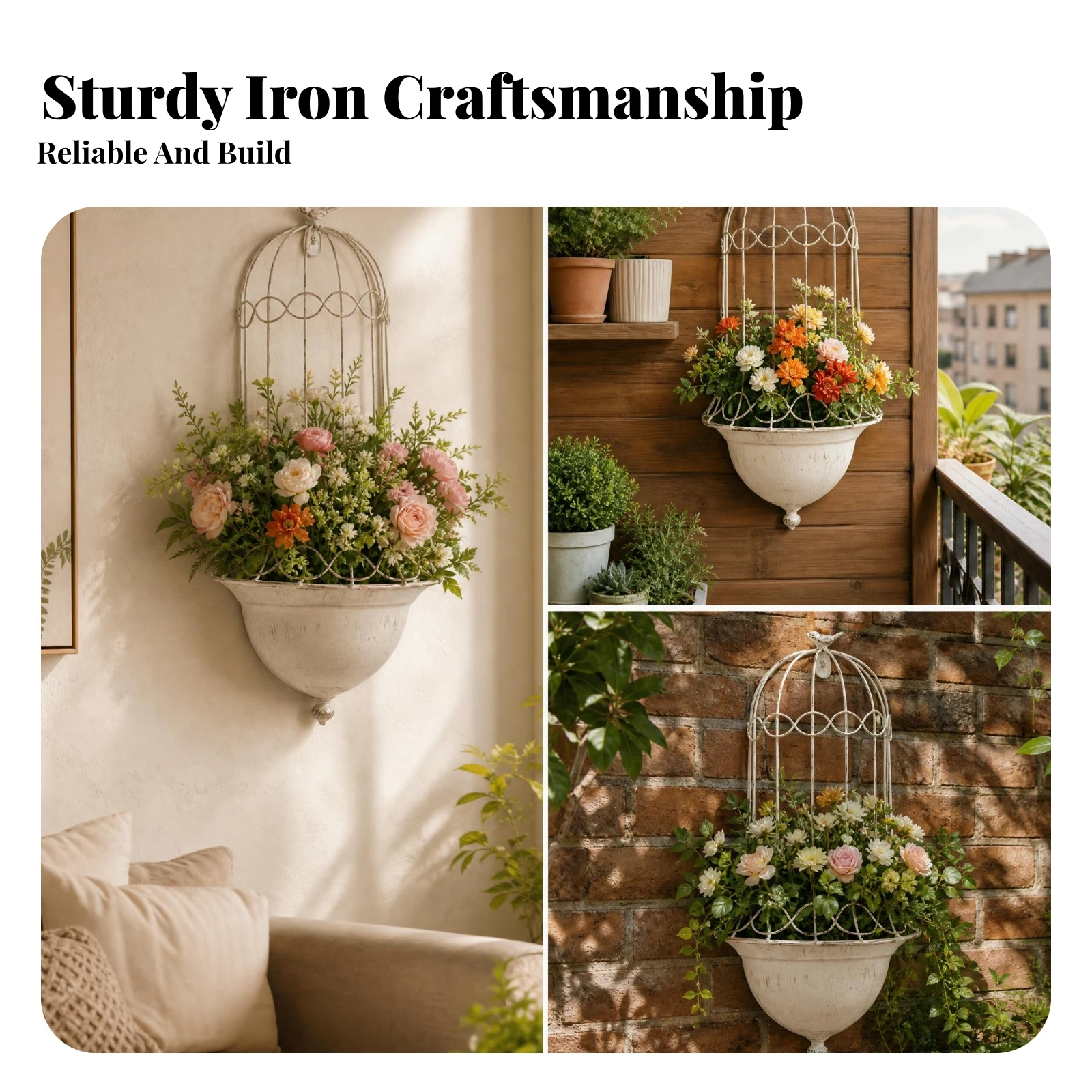 Decorative Bird Planter Wall-mounted Wire Frame Style Cage Metal Construction Vertical Plant Decor for Living Room