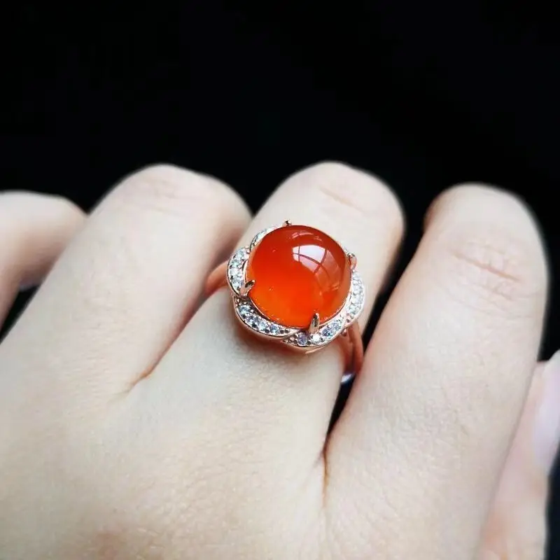 Natural Ice Chalcedony Red Flower Rings for Women Creative Engagement Silver Inlaid Vintage and Elegant Wedding Jewelry gift