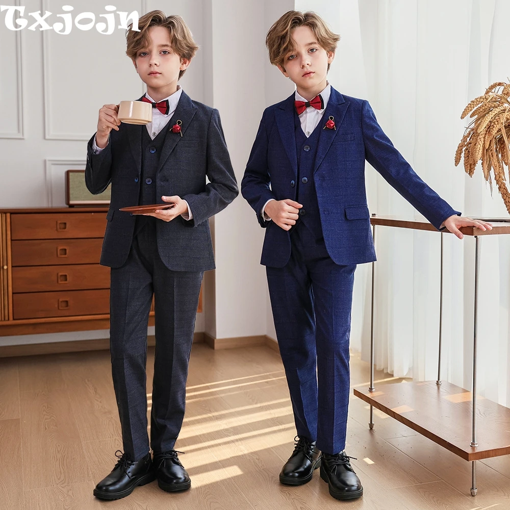 

2026 New Fast Delivery Children's Formal Suit Set 5 Pieces For Catwalk Show,Classic Plaid Boys Suits Piano Peformance Outfit