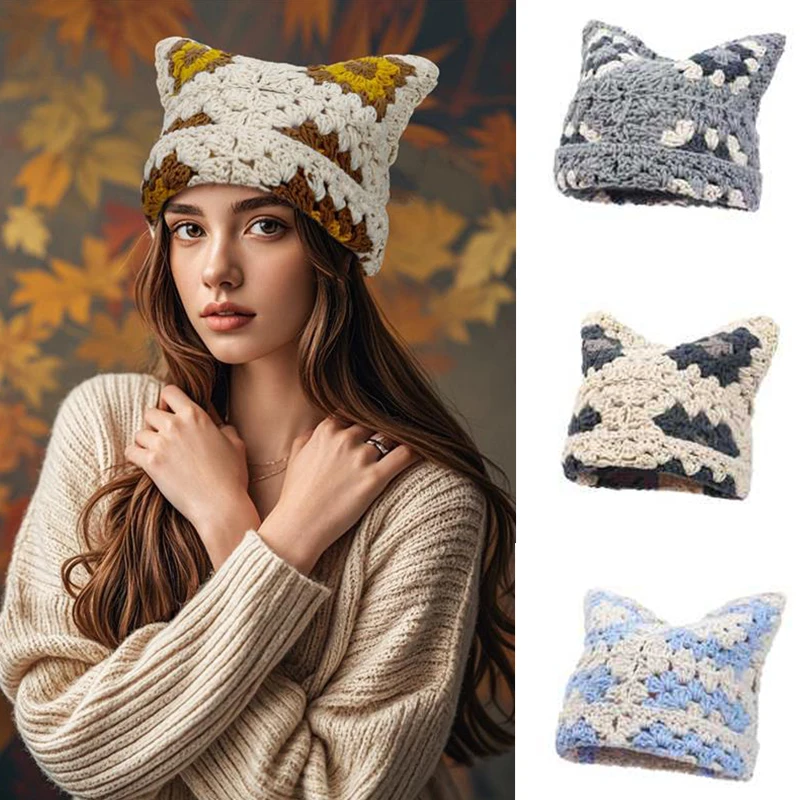 

Trendy Halloween Hollowed Flower Pattern Knitted Hats Autumn Winter Warm Handmade Knitted Hat Cute Cat Ear Versatile Beanies Cap