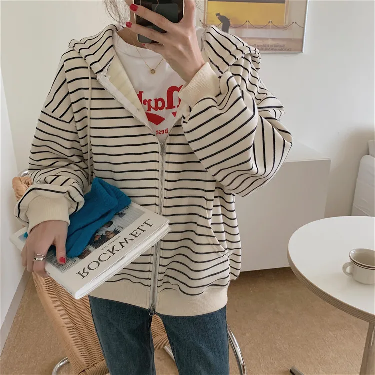 Korean Style Hoodies For Girls Top Zip Up Oversized Hooded Sweatshirt Women Vintage stripe Long Sleeve Jacket Casual Large Coats