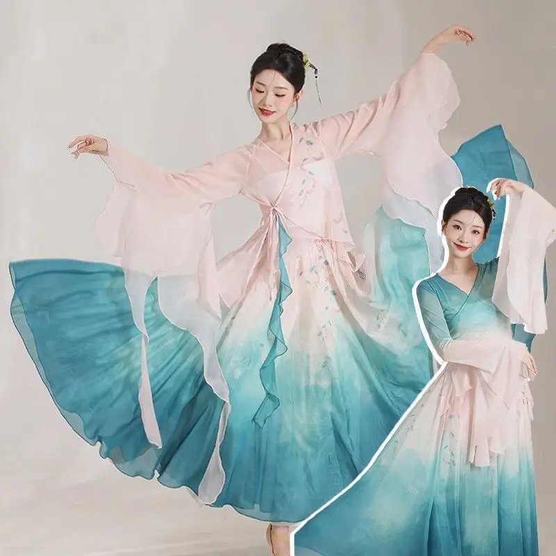 Set da ballo sfumato: top in rete trasparente e gonna fluida, costume da flamenco per ballerina classica cinese e pratica per le donne