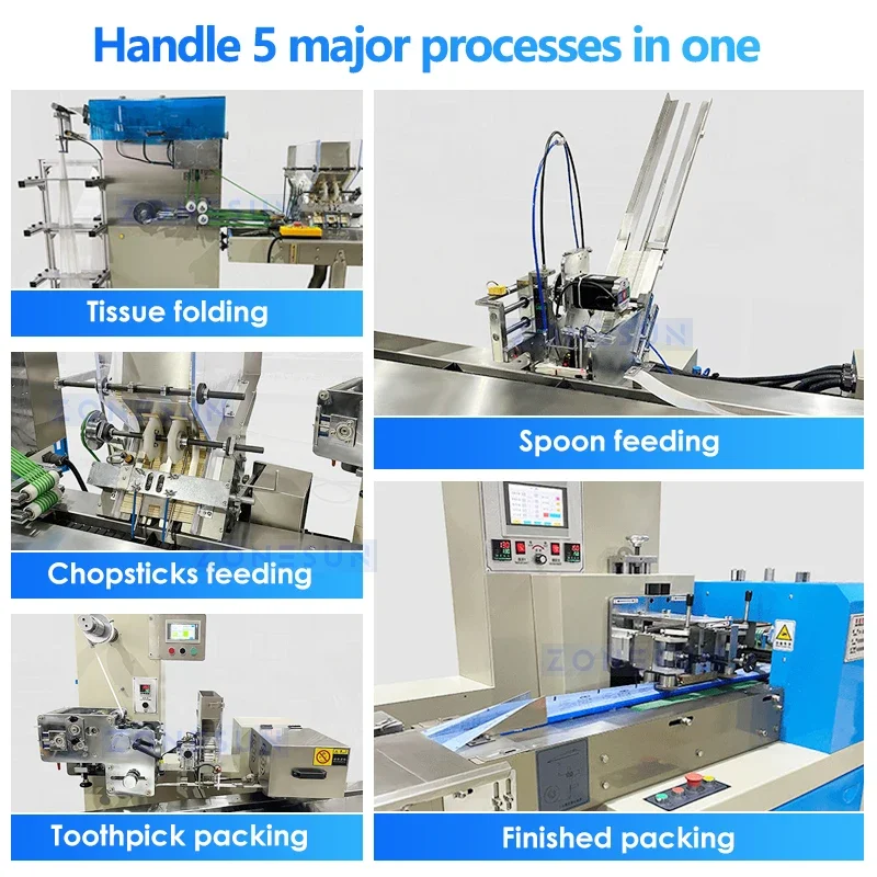 ZONESUN Disposable Plastic Tableware Packing Production Line ZS-PLCJ01 Automatic Cutlery Set Takeaway Bagging Wrapping Equipment