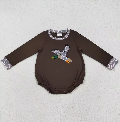 

Baby Boys Rompers Brown Long Sleeve Camo Duck Embroidery Rompers Fall Toddler Kids Boys Bodysuits Children Onesies New