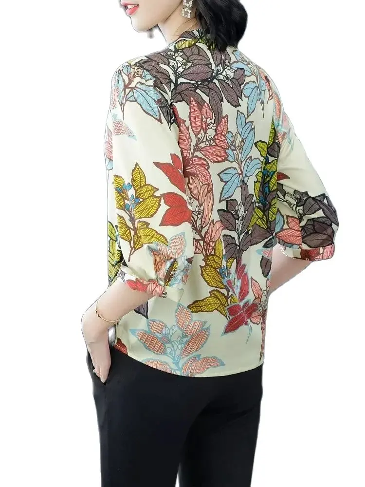 BirdTree 93% Mulberry Silk Shirt for Women, 3/4 Sleeve Floral Print, Fashion Elegant OL Blouses, 2024 Spring New Top T42289QM