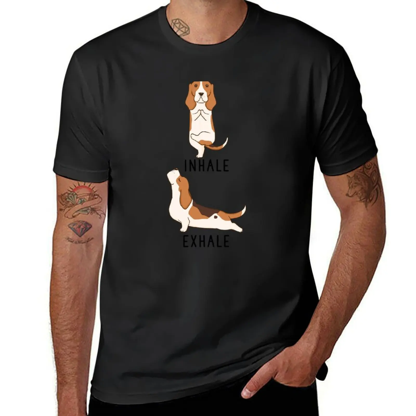 

Inhale Exhale Basset Hound Yoga T-Shirt cute tops graphics blacks for a boy mens workout shirts