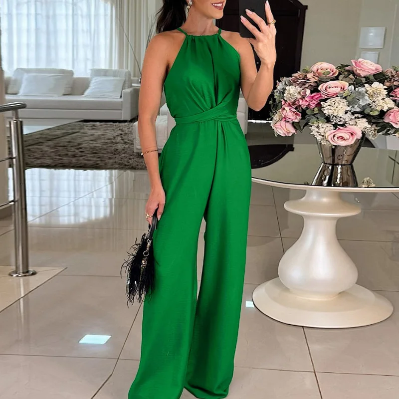 

Lady Casual O-neck Hollow Sleeveless Office Romper Summer Cross Solid Slim Party Jumpsuit Elegant Temperament Long Pant Playsuit